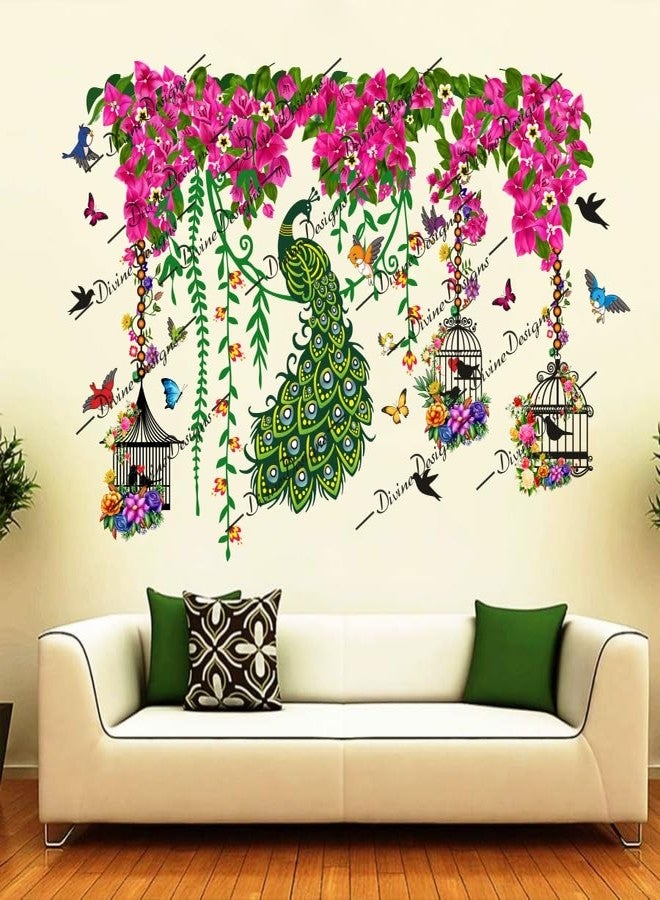 DivineDesigns ملصق حائط ذاتي اللصق من الفينيل PVC من DivineDesigns، بتصميم زهور وردية صيفية وقفص وطيور طاووس، لتزيين المنزل/غرفة المعيشة (متعدد الألوان) - Image 1